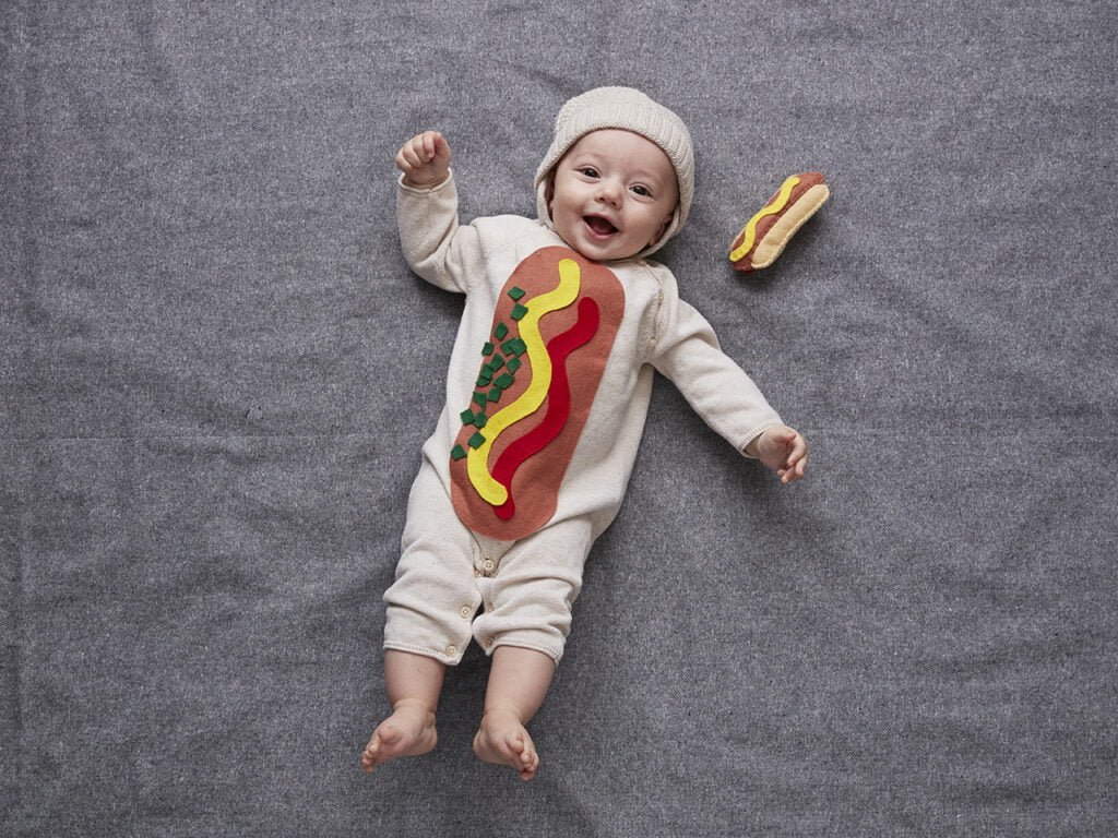 creative baby DIY child Halloween costume idea hot dog