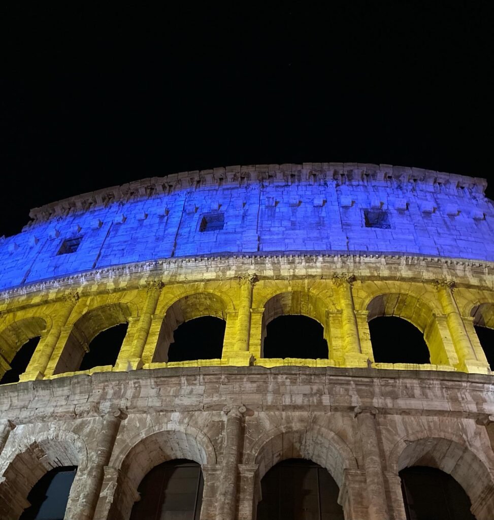 Colosseum lights up in blue and yellow for Ukraine