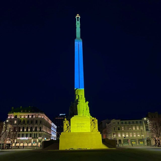 Latvia lights up in blue and yellow for Ukraine