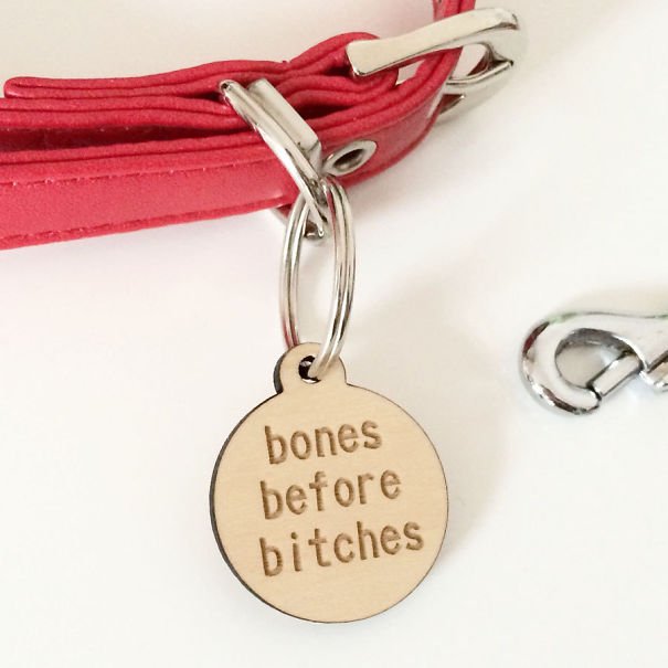 funny collar tag idea that says bones before bitches